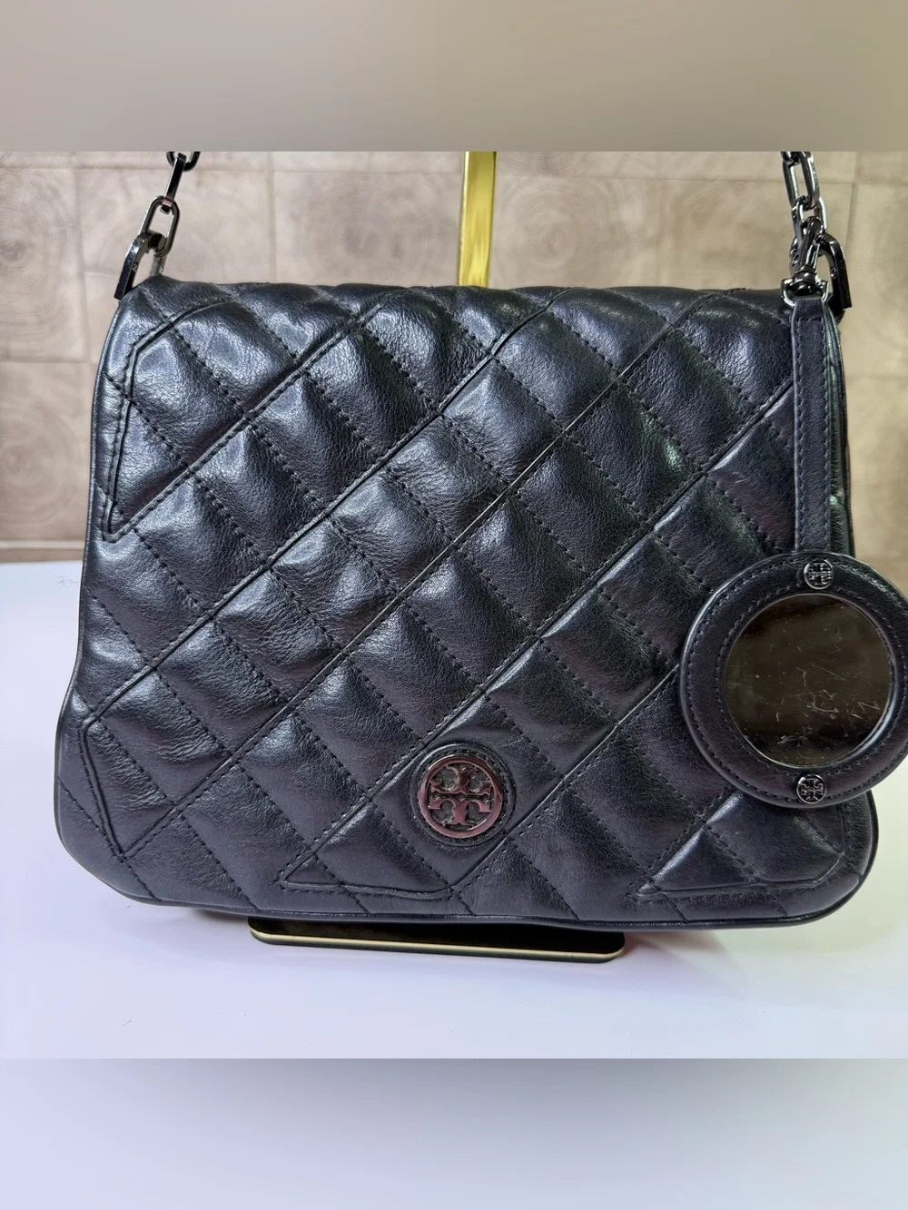 Tory Burch black quilted leather crossbody bag with chain strap